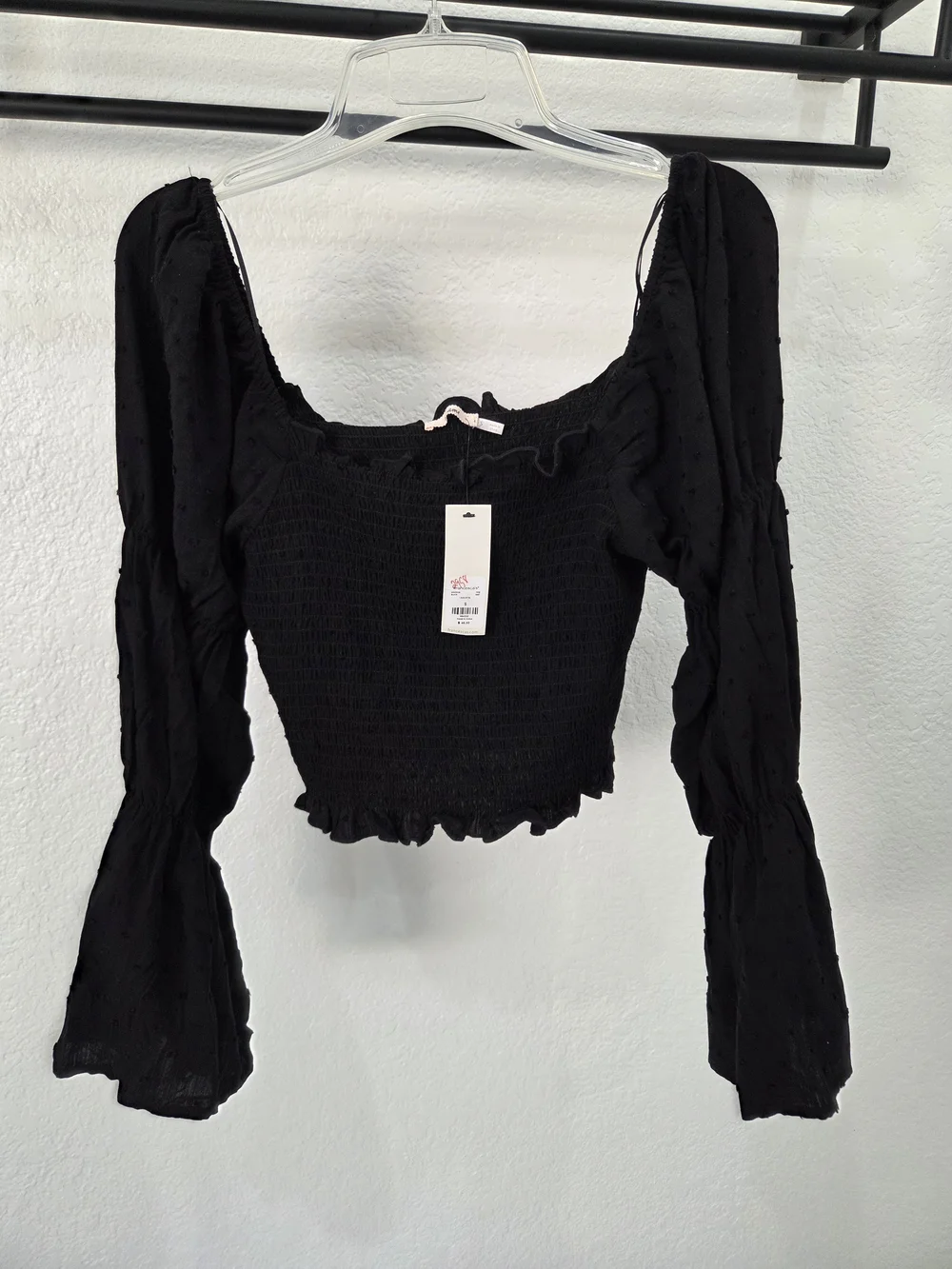 Francesca's Black Smocked Puff-Sleeve Crop Top with Ruffle Hem